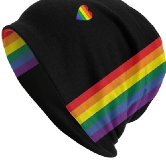 New Black Rainbow Heart Soft Fabric Stretchy Beanie Gay Pride LGBT - Picture 1 of 1